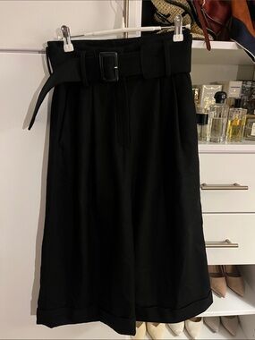 Black High-Waist Belted Midi Culotte - wool Women